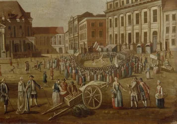 Artistas callejeros en el Alter Markt, 1771 (detalle)